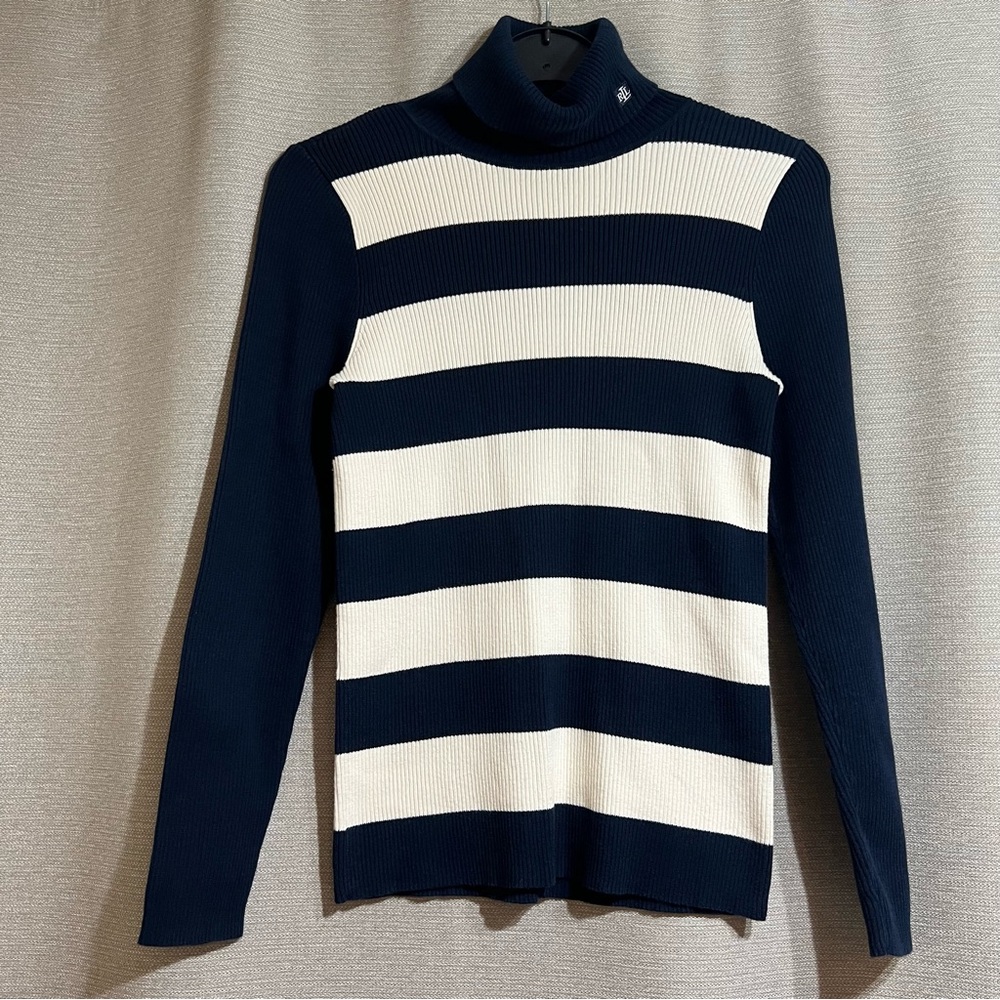 Lauren Ralph Lauren Striped Ribbed Turtleneck Sweater Size Large Preppy